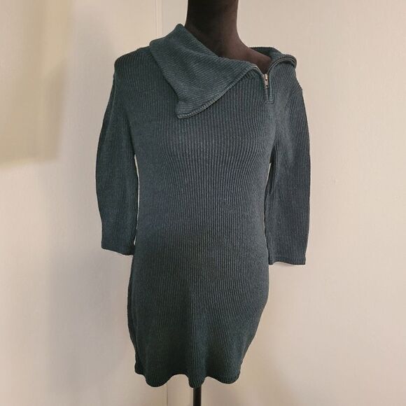 No Boundaries Teal Ribbed Asymmetrical Zip Oversized Collar Sweater Dress Sz L - Picture 1 of 15